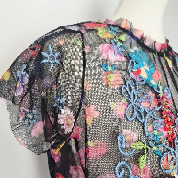 Johnny Was Floral Embroidered Black Mesh Short Sleeve Blouse Boho Whimsigoth - Picture 7 of 10